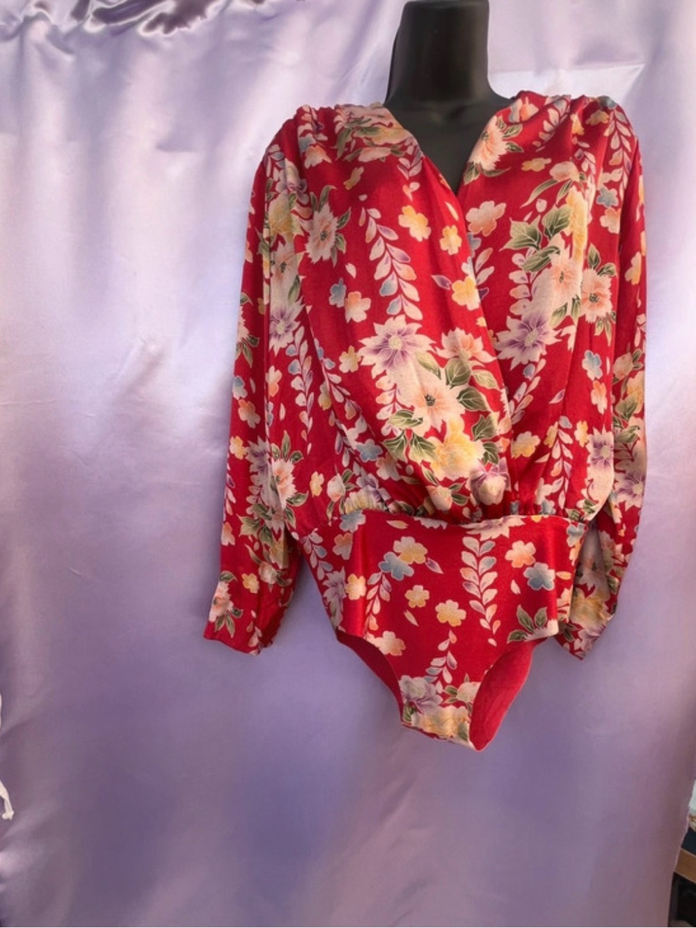 Zara Red Floral Wrap-Front Long Sleeve Bodysuit